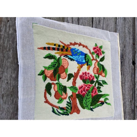 Vintage completed Needlepoint Picture Unframed Bird Flowers - Picture 11 of 11